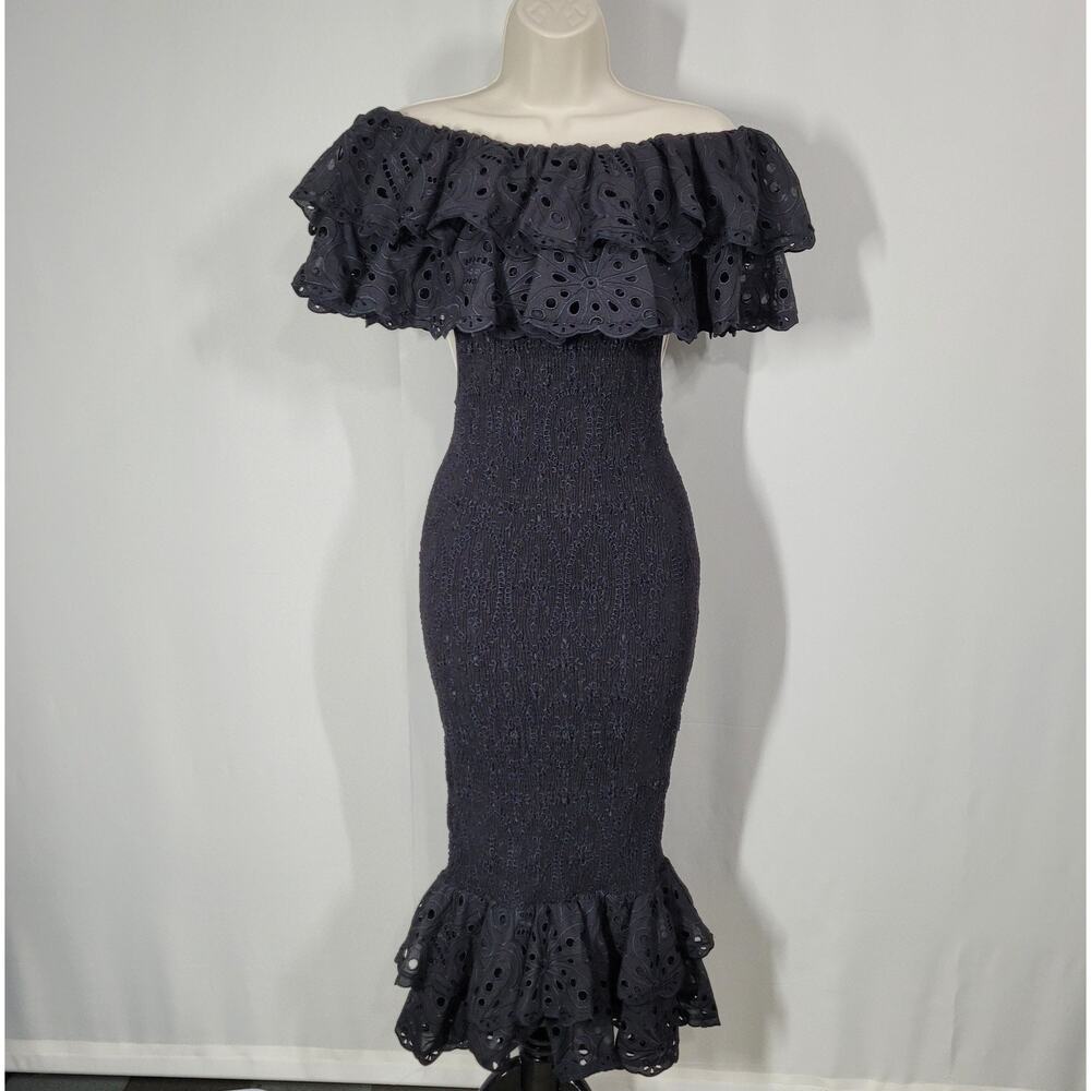 Charo Ruiz Black Shirred Embroidered Off the Shoulder Long Dress Luisa Small
